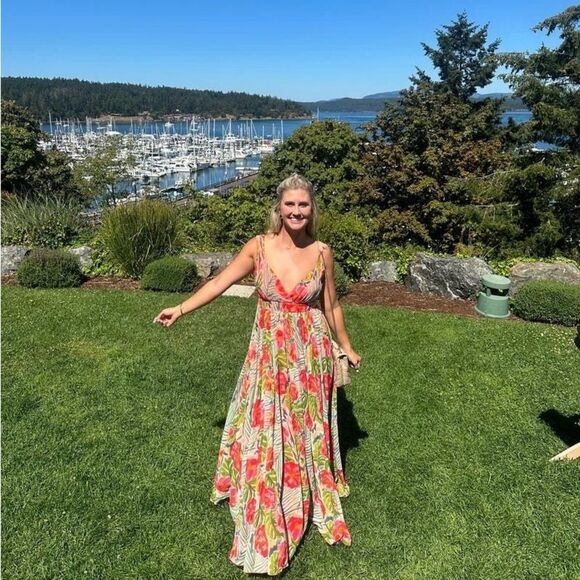 Badgley Mischka Green & Coral Floral Chiffon Flowy Maxi Gown Long Dress Size 2 - Picture 6 of 16